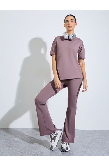 Pink Logo Side Slit Top and Ruched Waist Detail Flared Pants Set