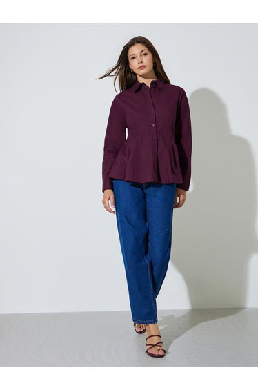 Dark Purple Regular Fit Cotton Peplum Shirt