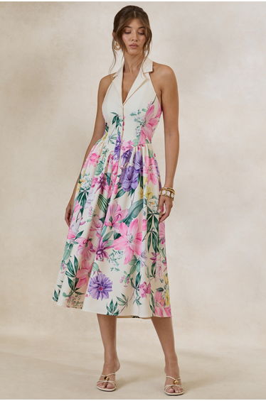 Maila | Cream Floral Print Collared Halter-Neck Midi Dress