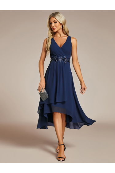 ever IRYS|Sleeveless V-Neck High Low Wedding Guest Dress with Floral Applique