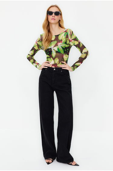 Green Printed Tulle Knitted Bodysuit with Snap Fasteners