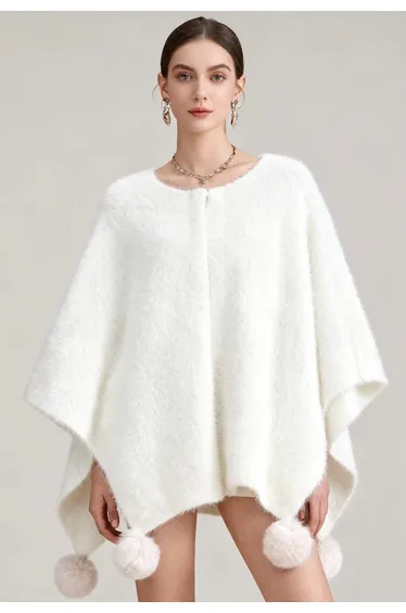 Adorable Fuzzy Knit Pom-Pom Poncho
