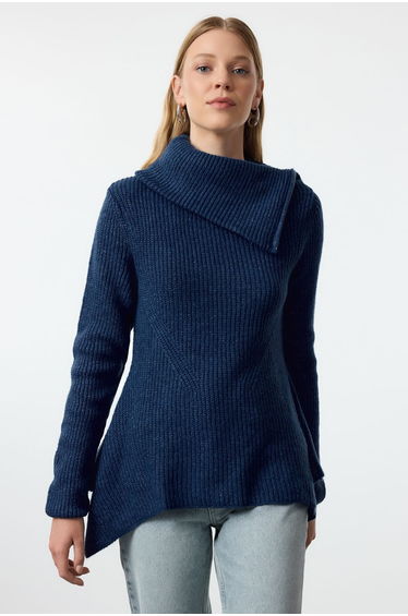 Indigo Asymmetric Collar Zippered Knitwear Sweater