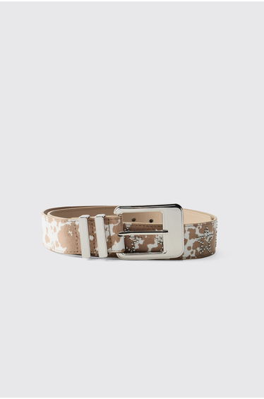 PU Cow Belt With Star Rhinestone - camel