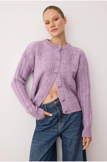 Lilac Soft Texture Button Detail Wide Fit Knitwear Cardigan