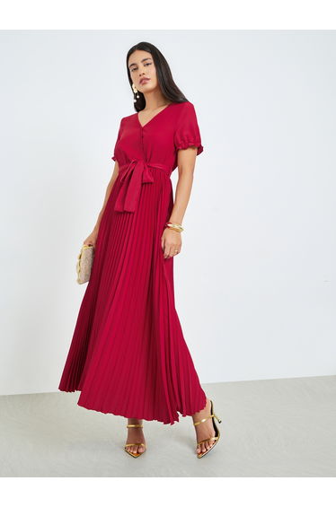 Red Pleated Wrap Maxi Dress with Tie Up Belt