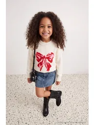 Ecru Girls' Ribbon Patterned Knitwear Sweater - 2