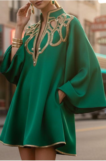A-Line Long Sleeves Contrast Color Printed Split-Joint Stand Collar Mini Dresses