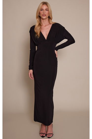 Black Double Layer Slinky Plunge Long Sleeve Maxi Dress