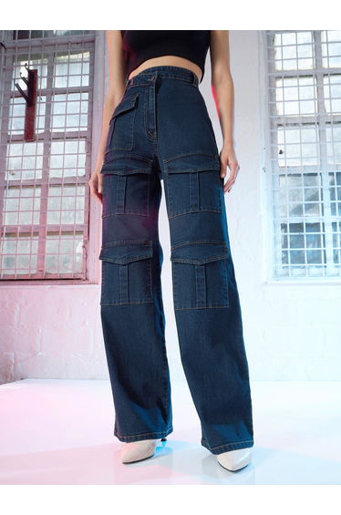 Women Blue High Rise Cargo Straight Jeans