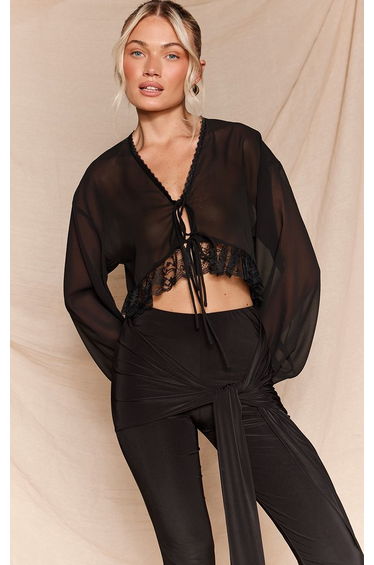 Black Chiffon Lace Hem Tie Front Blouse