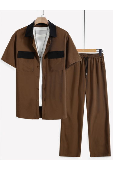 Men Brown Contrast Collar Shirt and Trousers Co-Ords
