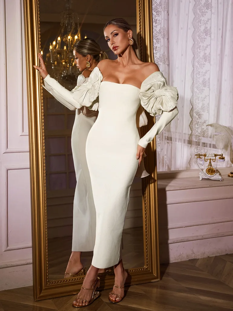 Naida Off Shoulder Flower Bandage Midi Dress In White - 4