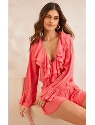 Coral Cheesecloth Ruffle Trim Floaty Blouse