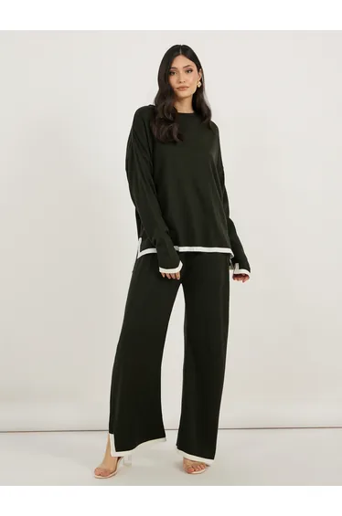 Contrast Trim High Low Hem Top and Wide Leg Pants Co-Ords