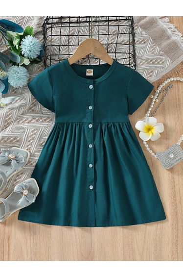 Girls Teal Buttoned Short Sleeve Dress