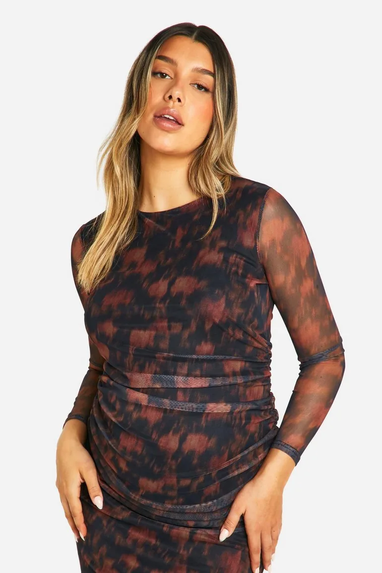 Maternity Blurred Floral Print Mesh Ruched Detail Long Sleeve Dress - 3
