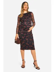 Maternity Blurred Floral Print Mesh Ruched Detail Long Sleeve Dress - 2