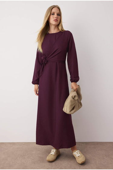 Burgundy Linen-Look Woven Dress