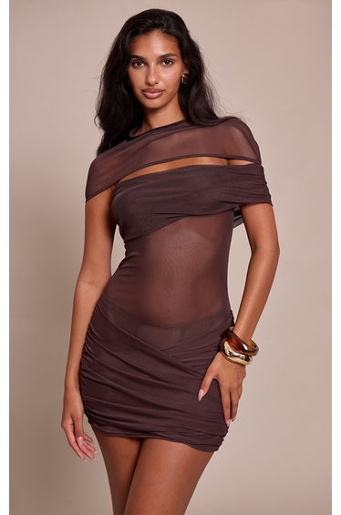 Chocolate Double Layer Mesh Twist Detail Bodycon Dress