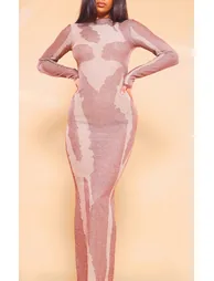 Brown Abstract Print Knit Maxi Dress - 3