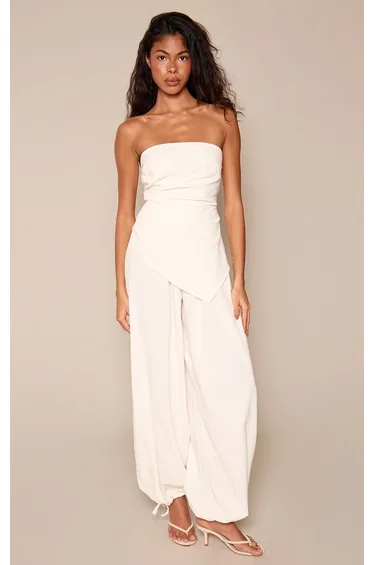 Cream Textured Woven Asymmetric Overlay Balloon Leg Jumpsuit