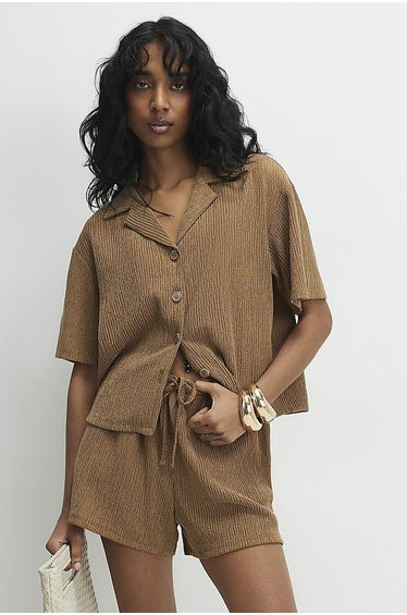 Beige Short Sleeve Textured Shirt
