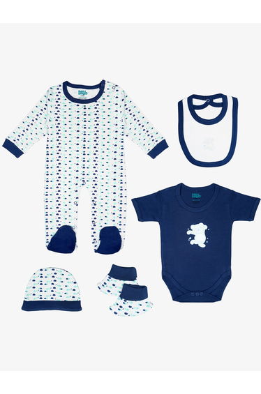 5-Piece 100% Cotton Bib, Romper, Mittens, Cap and Sleepsuit Set