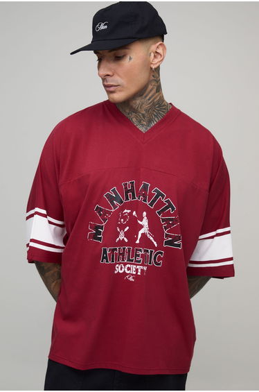 Tall Oversized V-Neck Football Print Sports Top - red