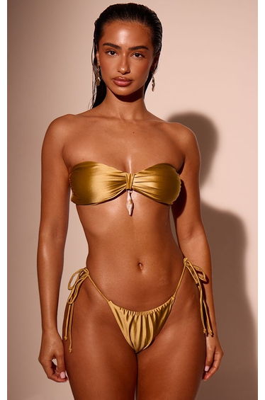 Olive Shine Swim Shell Trim Tanga Bikini Bottoms