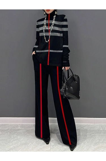 Long Sleeves Loose Striped High Neck T-Shirts Tops