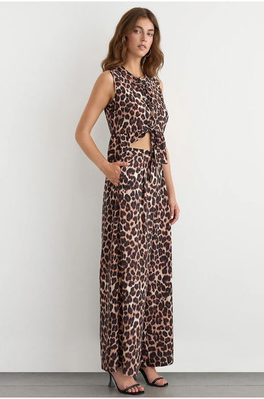 Mid-Rise Wide-Leg Animal Printed Pants with Drawstring