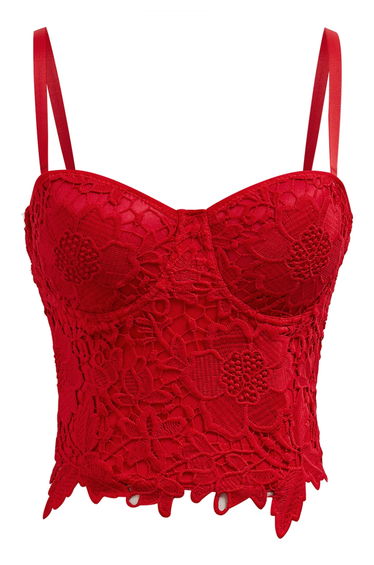 Floral Cutwork Lace Bustier Crop Top in Red