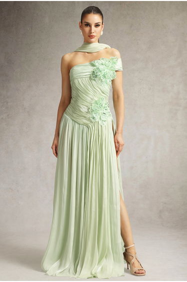 Mellies One Shoulder Floral Ruched High Slit Maxi Dress