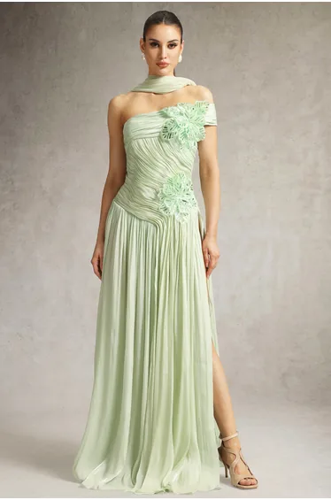 فستان شيفون أخضر طول الأرض