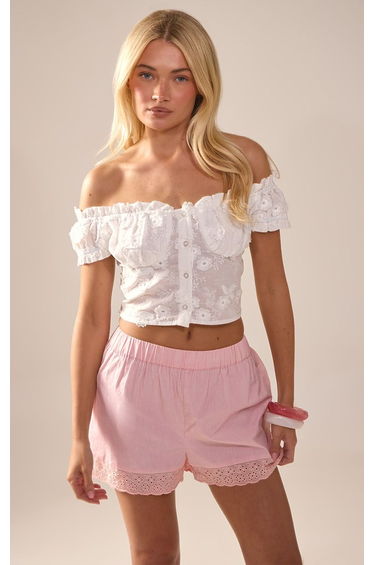 Pink Cotton Broderie Detail Shorts