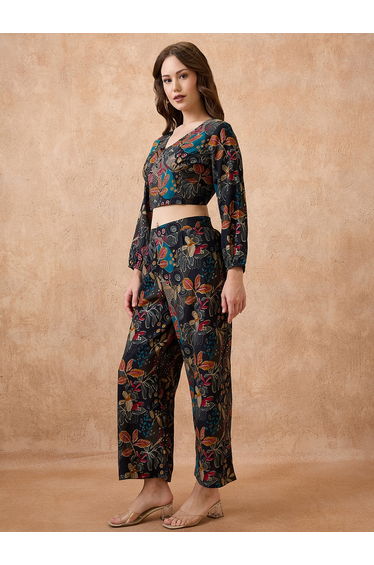 Black Floral Print Crop Top and Pants Fusion Co-Ords