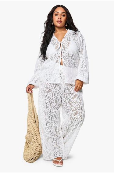 Plus Crochet Lace Oversized Beach Shirt - cream