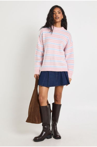 Crew Neck Super Soft Stripe Knitted Jumper - pink