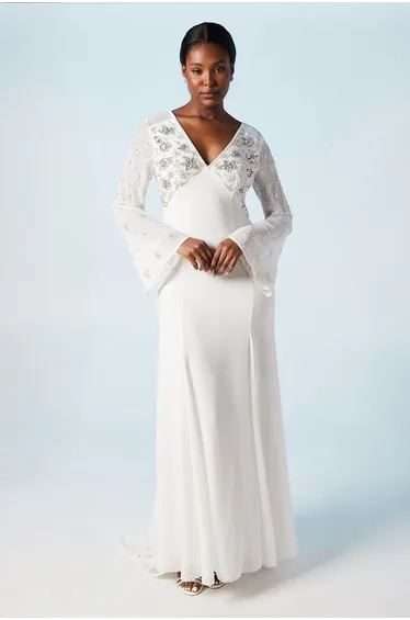 Embellished Flare Sleeve Boho Wedding Dress