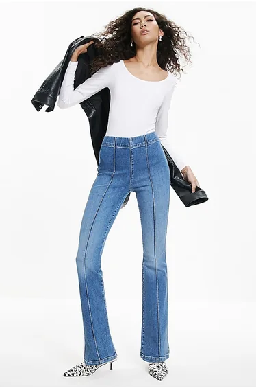 Blue High Rise Pull On Flared Jeans