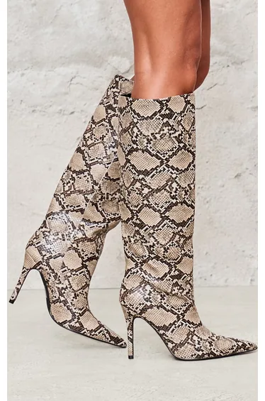 Snake PU Point Toe Stiletto Knee High Heeled Boots