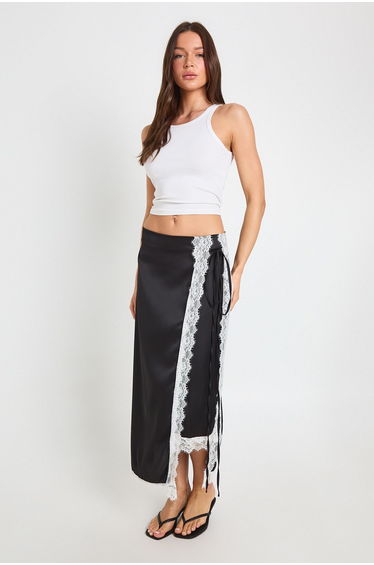 Satin Lace Trim Wrap Midaxi Skirt - black