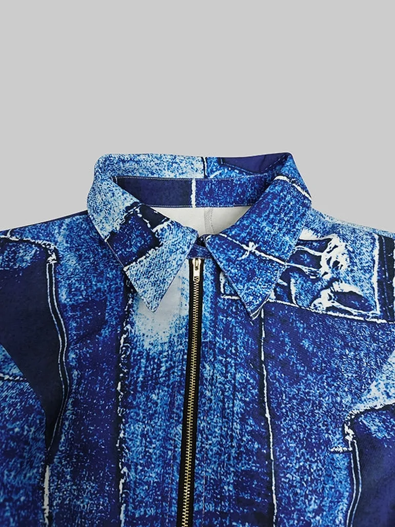 Long Sleeves Printed Zipper Lapel Maxi Dresses Shirt Dress - 3