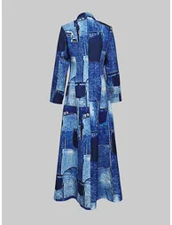 Long Sleeves Printed Zipper Lapel Maxi Dresses Shirt Dress - 2
