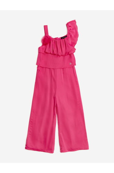 BCBGMAXAZRIA Girls Asymmetric Shoulder Jumpsuit with 3D Tulle Flower in Pink