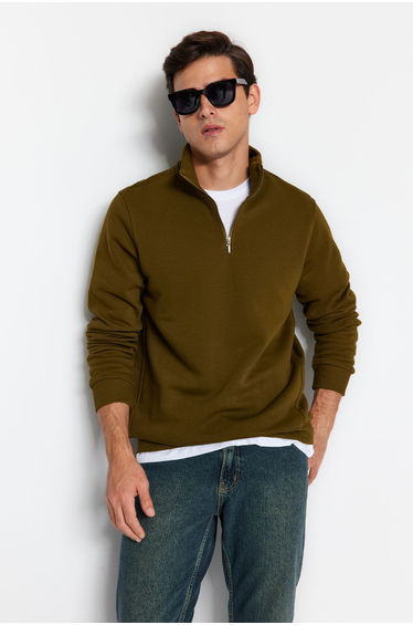Green Regular Cut Stand Collar Zippered Cotton Basic Sweatshirt