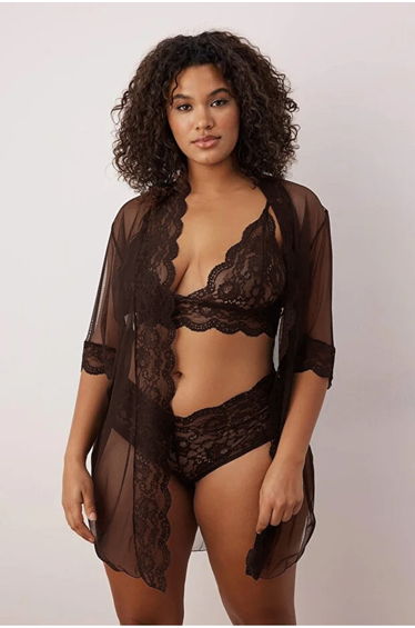 Brown Mesh & Lace 3-Piece Plus Size Lingerie Set