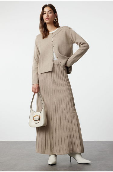 Mink Buttoned Cardigan-Skirt Knitwear Top-Top Set