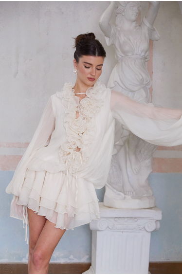 Zéphyrine floral-appliqué tiered mini dress in Neutrals